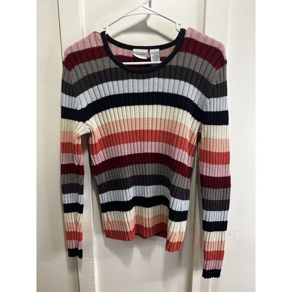 Sonoma Multicolor Striped Ribbed Sweater Womens Medium Fall Sweater Pink Grey - Picture 1 of 6